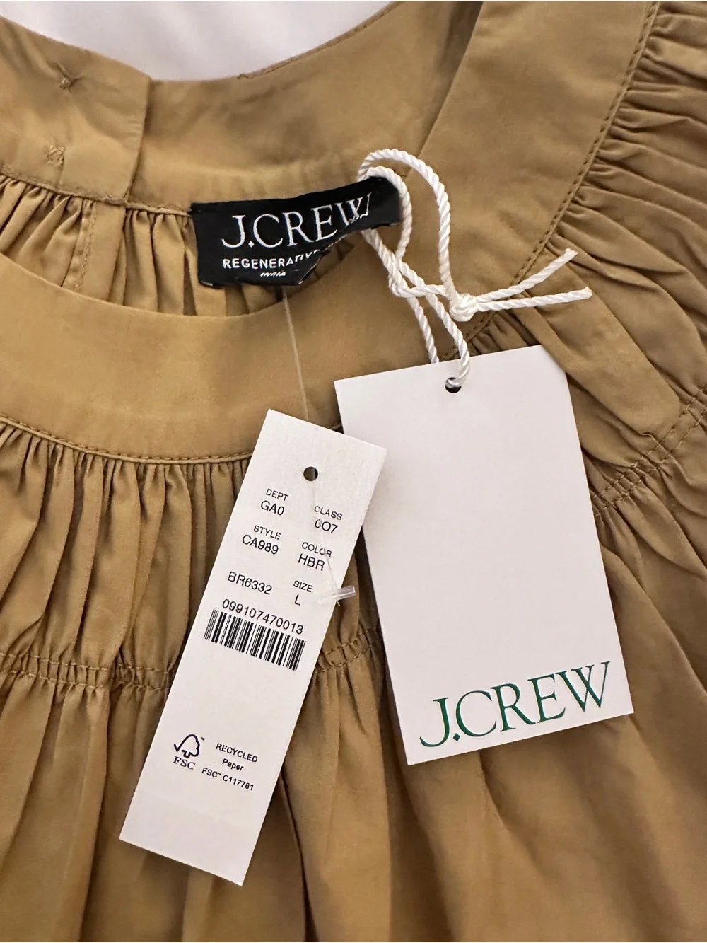 J. Crew Honey Brown Smock-Neck Puff Sleeve, cotton Poplin Top